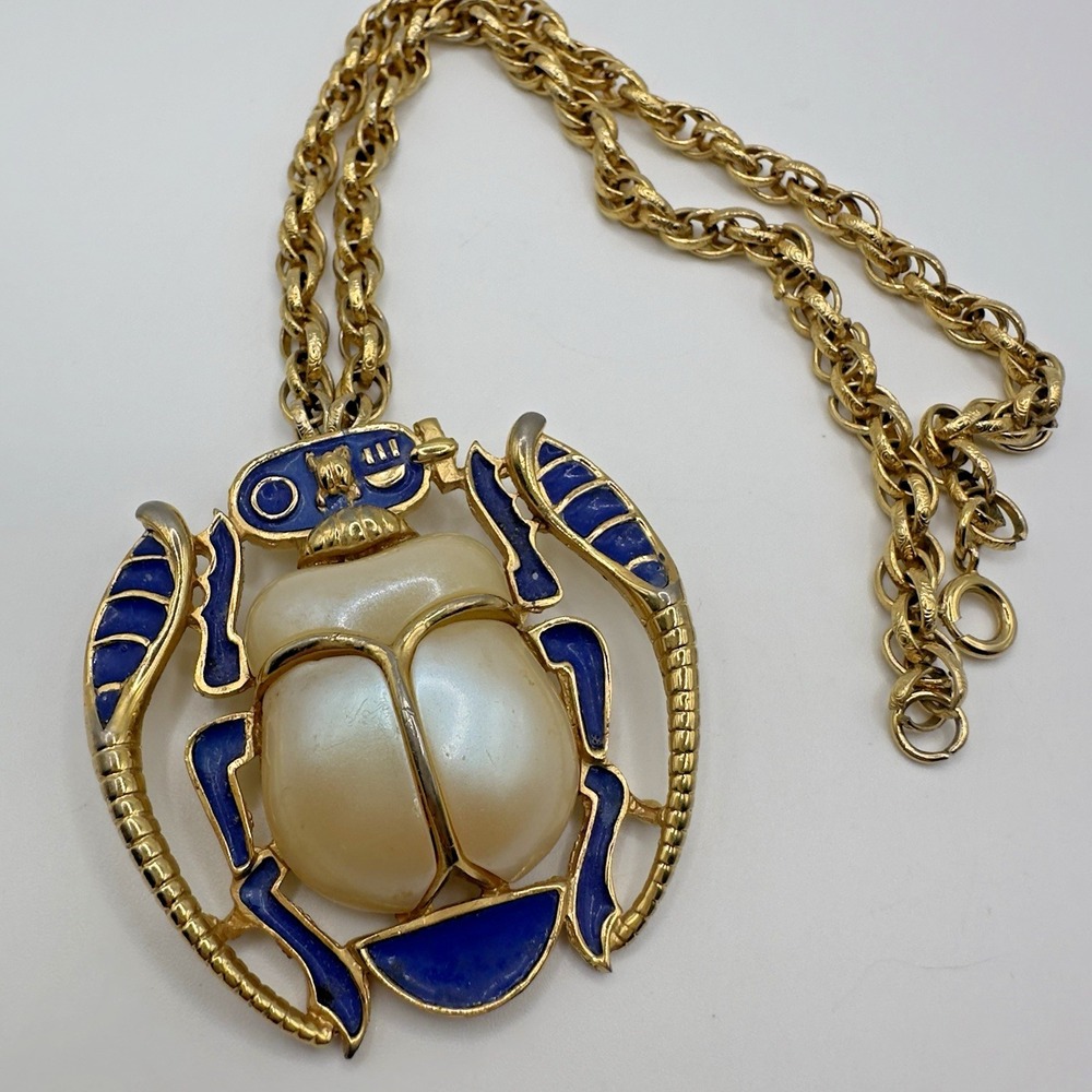 Egyptian Revival Scarab Beetle Necklace 18"/3" Bug Pendant Gold Tone Statement